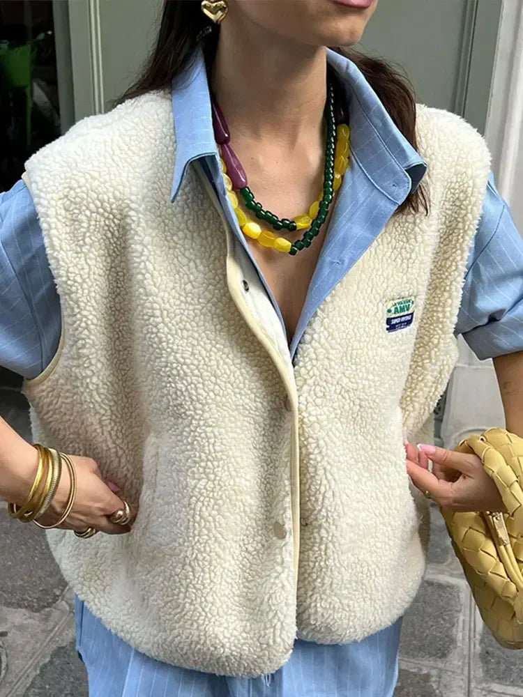 Women's V-neck Fleece Vest with Buttons and Pockets | Warm white