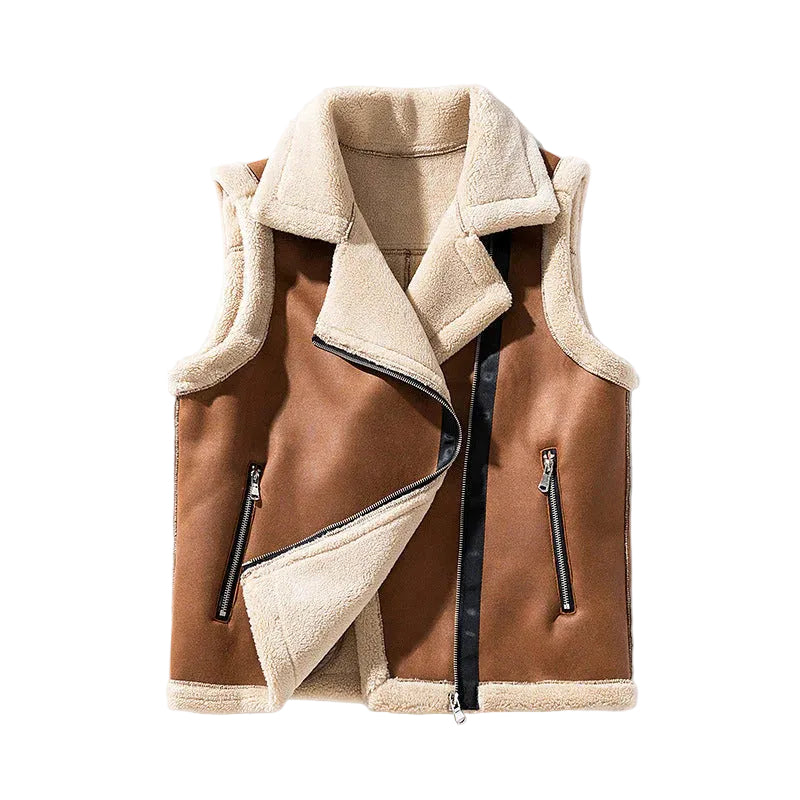 Women’s Warm Sleeveless Vest in brown with zip-through front and thermal quilting.