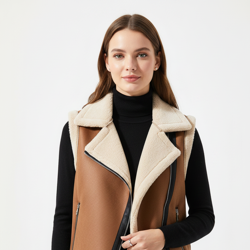 Women’s Warm Sleeveless Vest in black featuring sleek zip-through front.