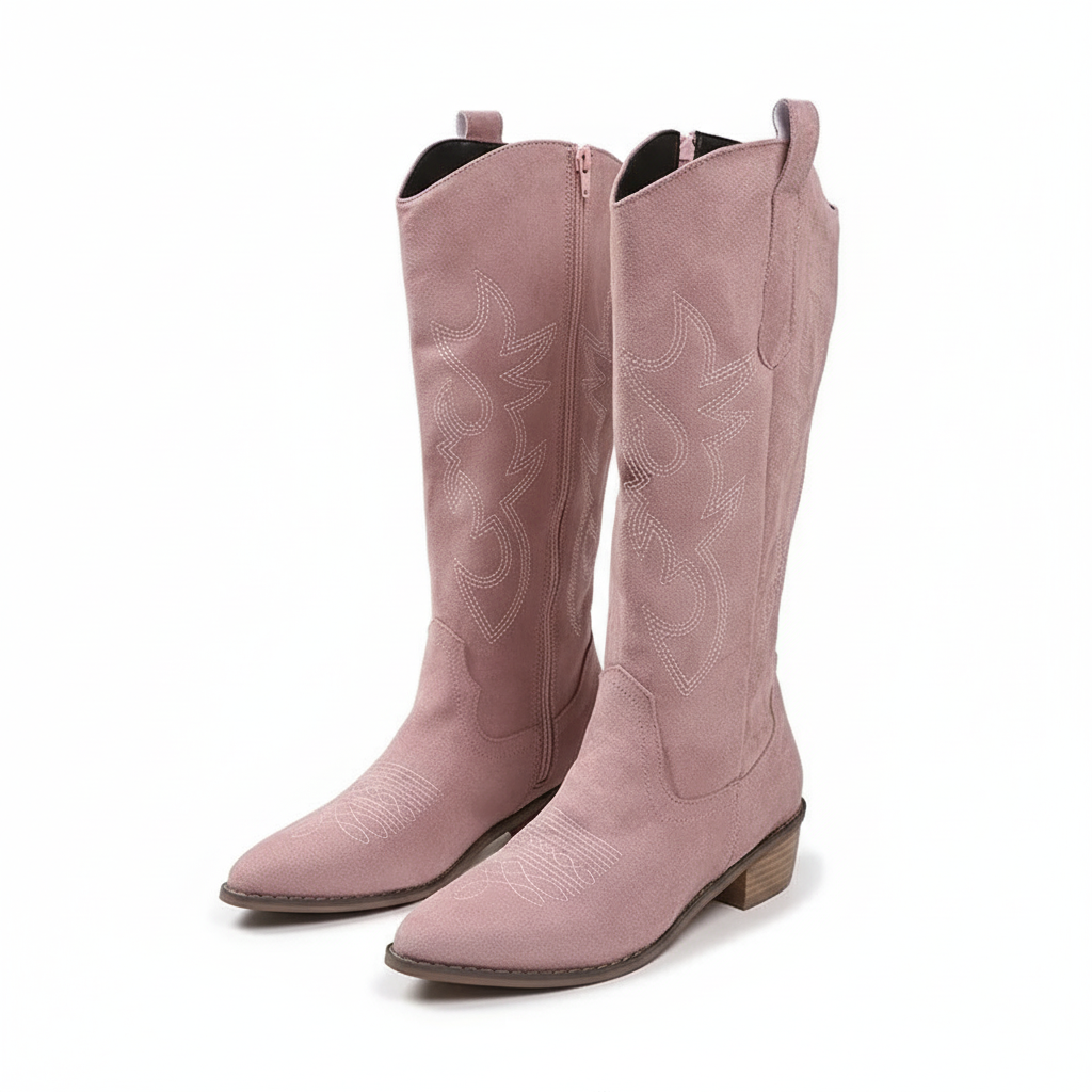 Women's knee-high cowboy boots in pink with embroidery details.