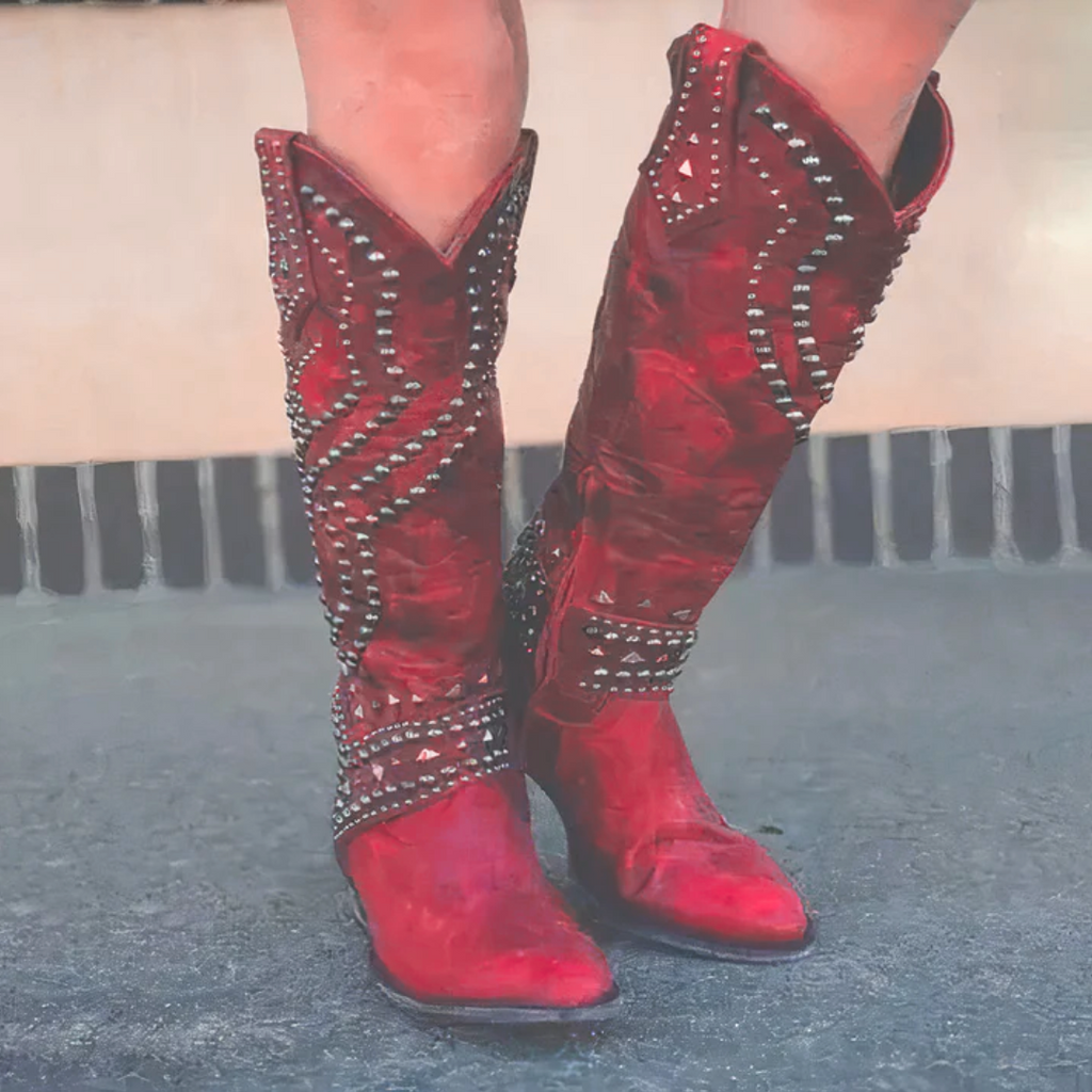 Karla Women's Western Ankle Boots with Studs and High Heel Red