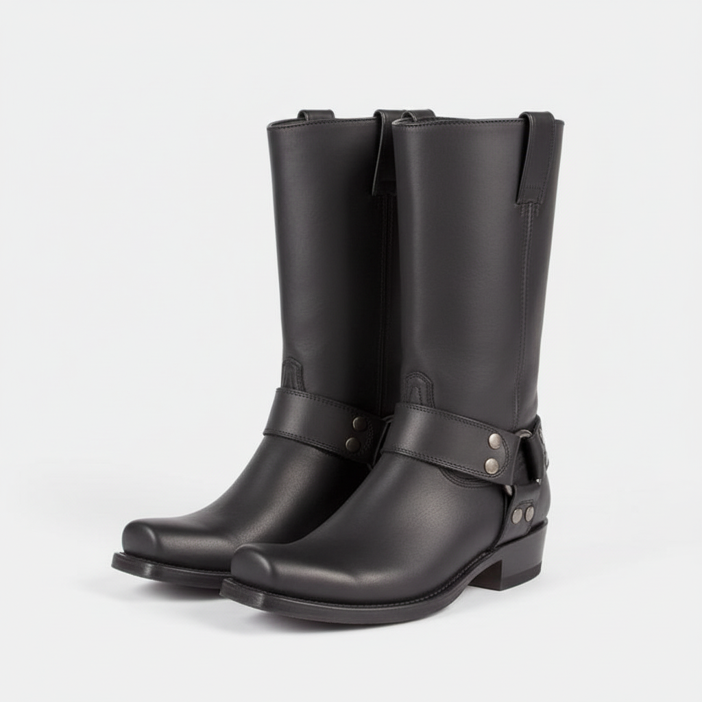 Women's slip-on winter boots with buckles in black color.
