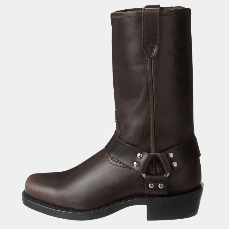 Women's slip-on winter boots with buckles, back view.