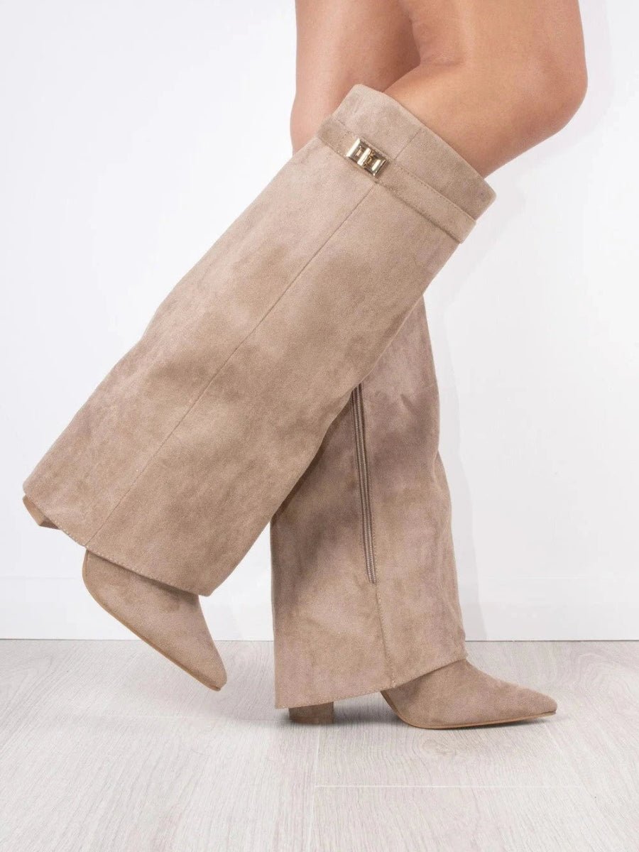Women's Thigh-High Leather Boots with Buckle | Stylish Beige