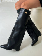 Women's Thigh-High Leather Boots with Buckle | Stylish Glossy Black