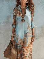 Umami | Boho Maxi Dress with Button Placket and Luxurious Pattern