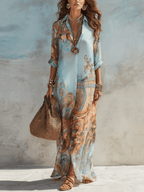 Umami | Boho Maxi Dress with Button Placket and Luxurious Pattern Mediterranean Blue