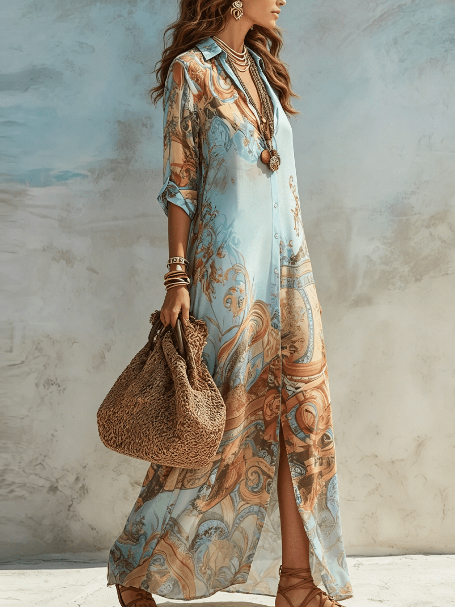 Umami | Boho Maxi Dress with Button Placket and Luxurious Pattern