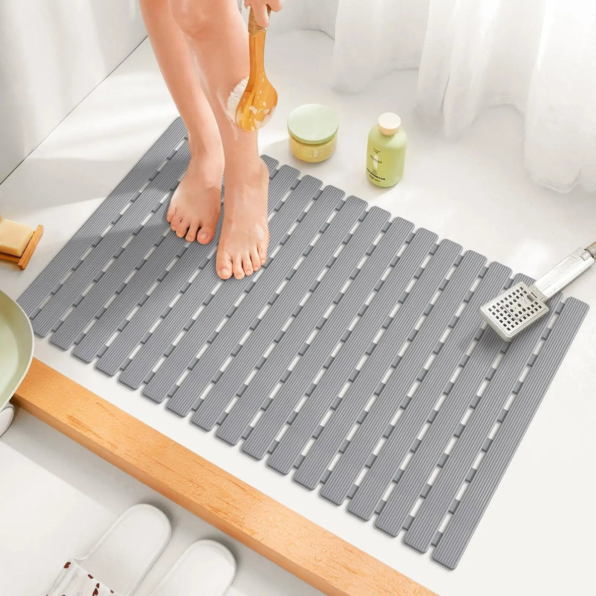 Non-Slip Bath Mat with Suction Cups and Drain Holes – Soft TPE Shower & Bathtub Mat, 16 x 25 in, 4 Colors