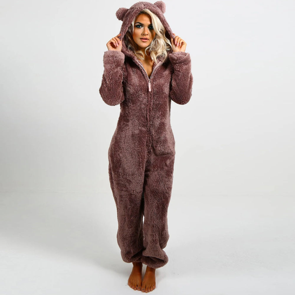 BearHug Super Soft Fleece Onesie with Bear Ears-Brown-S-State of Style
