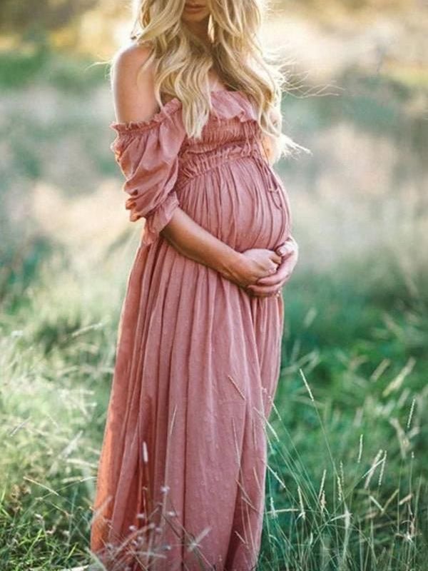 Boho Chic Maternity Dress with Boat Neck – Off Shoulder Pregnancy Dress, Midi, Baby Shower & Photoshoot, S–2XL – Flōre Pink