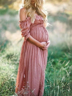 Boho Chic Maternity Dress with Boat Neck – Off Shoulder Pregnancy Dress, Midi, Baby Shower & Photoshoot, S–2XL – Flōre Pink