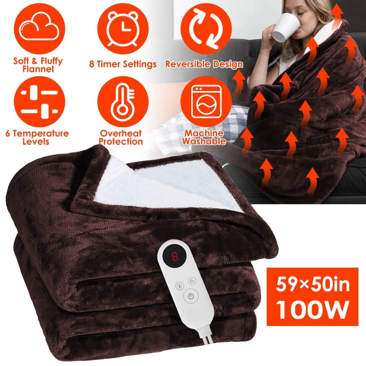 Electric Heated Flannel Blanket 59 x 50 in – 6 Heat Settings, 1–8 Hour Timer, Overheat Protection, Machine Washable