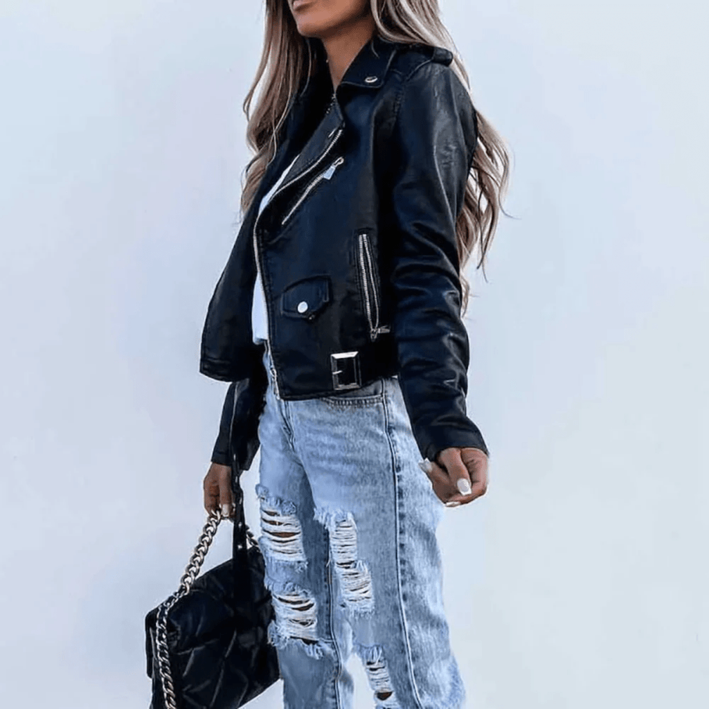 Eva Women’s Leather Jacket – Luxury Leather with Stand Collar, Belt & Elegant Design