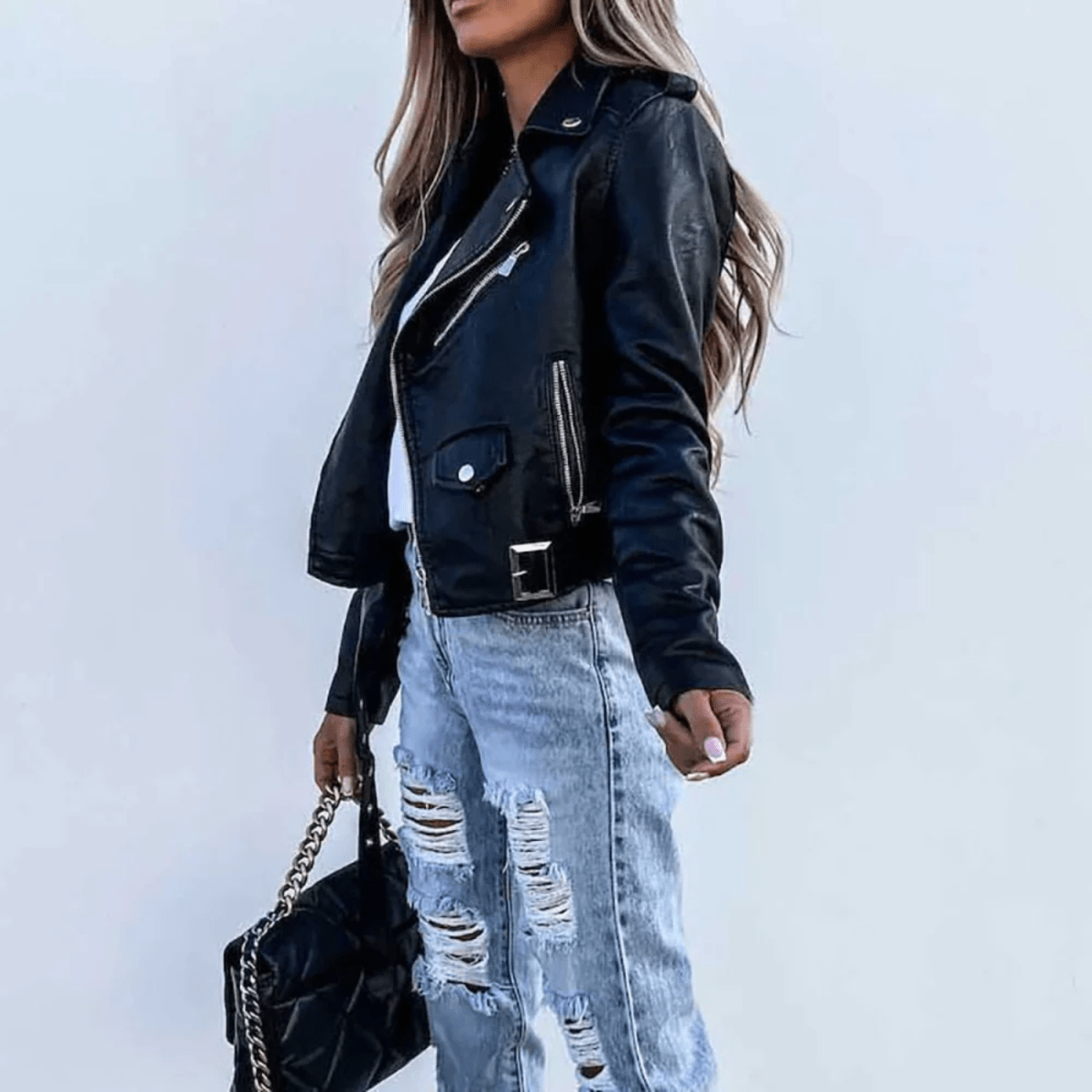 Eva Women’s Leather Jacket – Luxury Leather with Stand Collar, Belt & Elegant Design