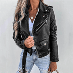 Eva Women’s Leather Jacket – Luxury Leather with Stand Collar, Belt & Elegant Design Black