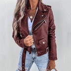 Eva Women’s Leather Jacket – Luxury Leather with Stand Collar, Belt & Elegant Design Red