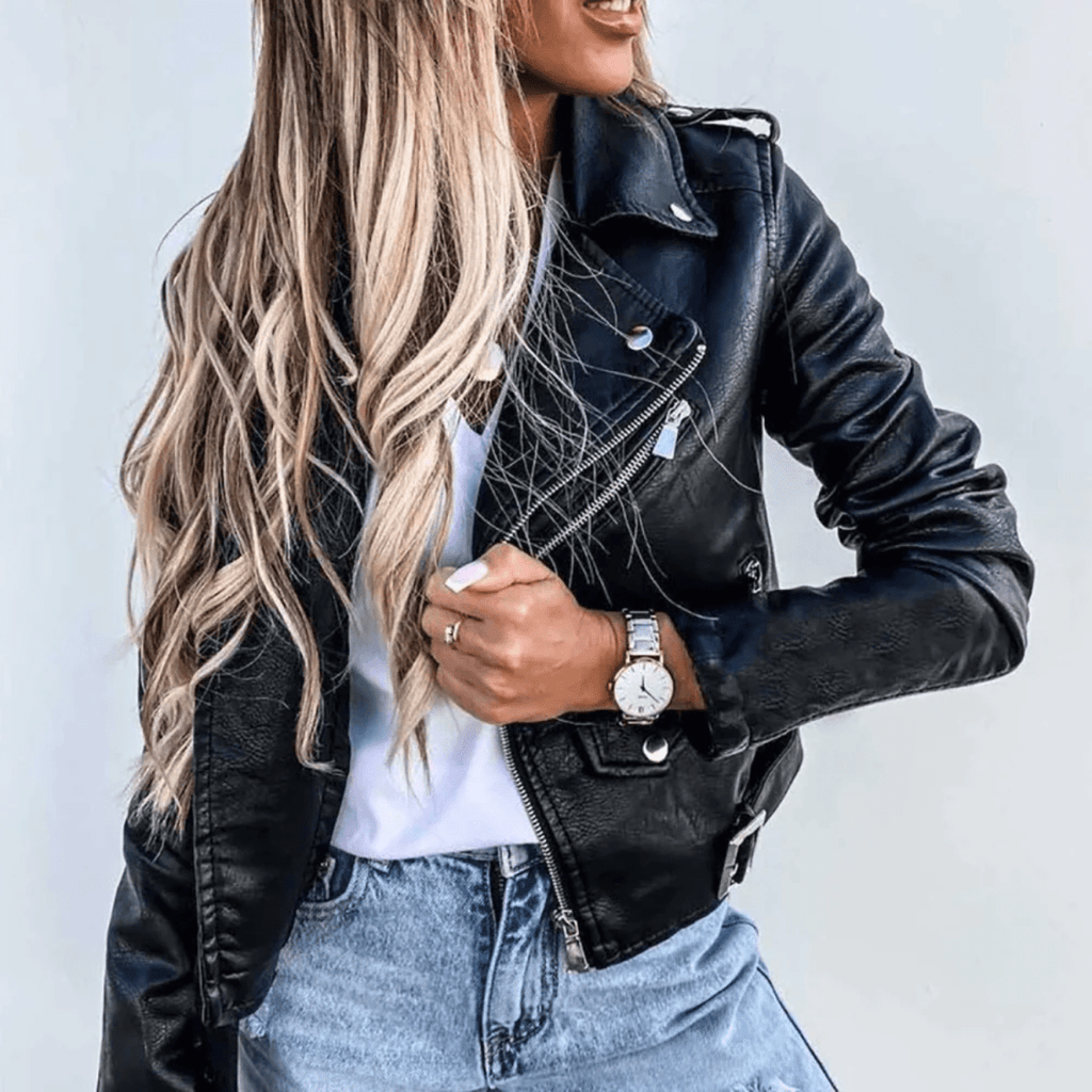 Eva Women’s Leather Jacket – Luxury Leather with Stand Collar, Belt & Elegant Design