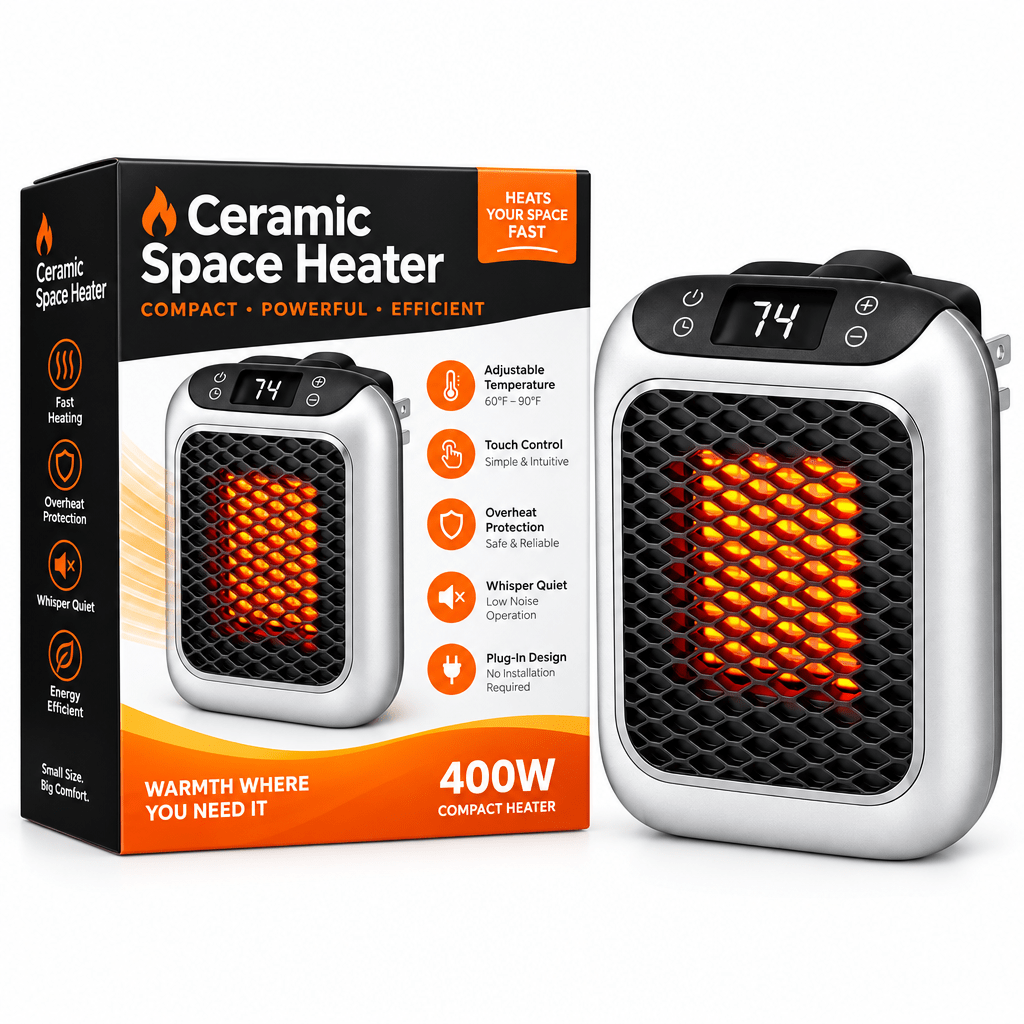 A compact electric heater with a silver and black body, featuring a digital temperature display showing 74 degrees and glowing orange heating elements behind a black honeycomb grille.