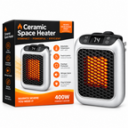 A compact electric heater with a silver and black body, featuring a digital temperature display showing 74 degrees and glowing orange heating elements behind a black honeycomb grille.