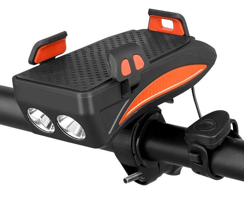 4-in-1 Bike Gadget – Bike Phone Holder with Power Bank, LED Bike Light and Horn, 4000 mAh, 4 Colors Orange