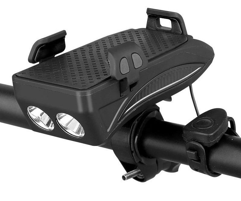 4-in-1 Bike Gadget – Bike Phone Holder with Power Bank, LED Bike Light and Horn, 4000 mAh, 4 Colors Black