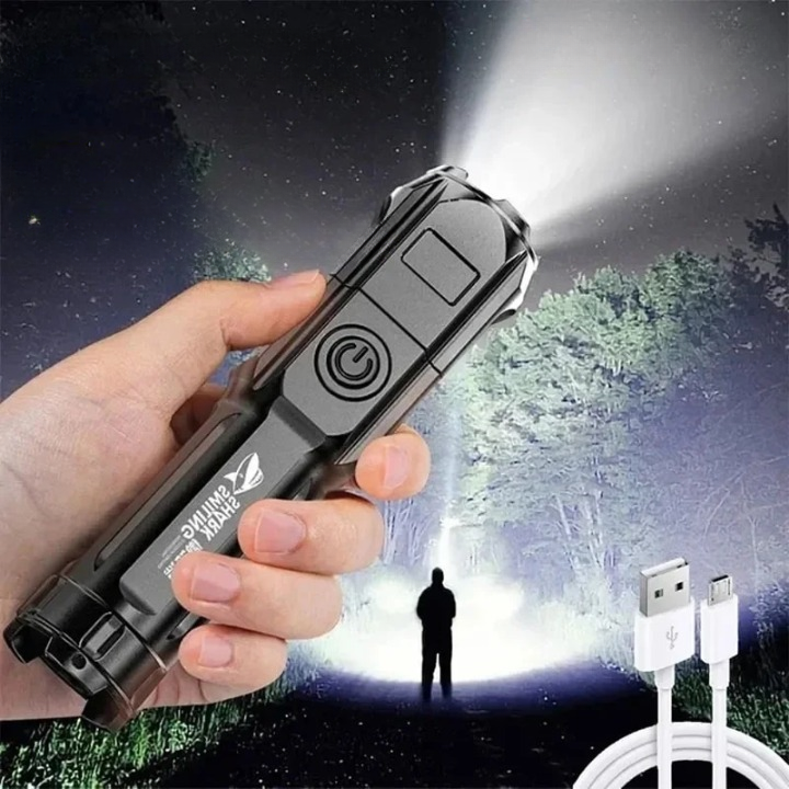 Powerful LED Flashlight with Zoom – USB Rechargeable Camping Flashlight with Multiple Light Modes, Long Range