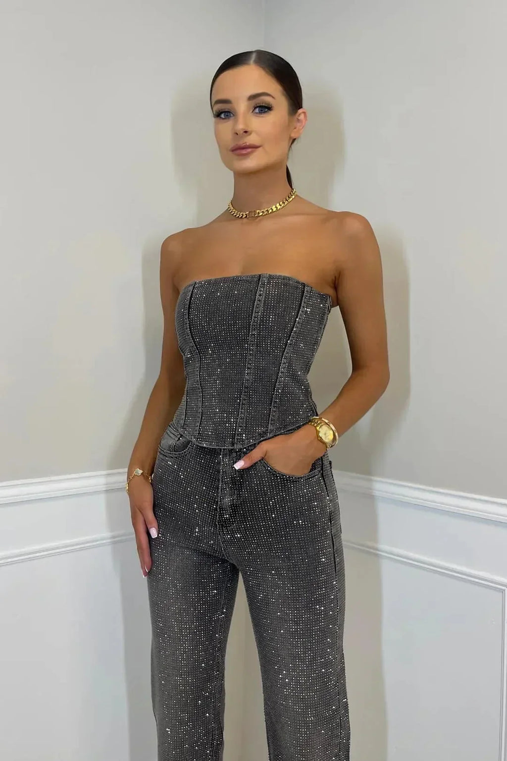 Pamelo | Glittering Women’s Trouser Set with High-Waist Jeans