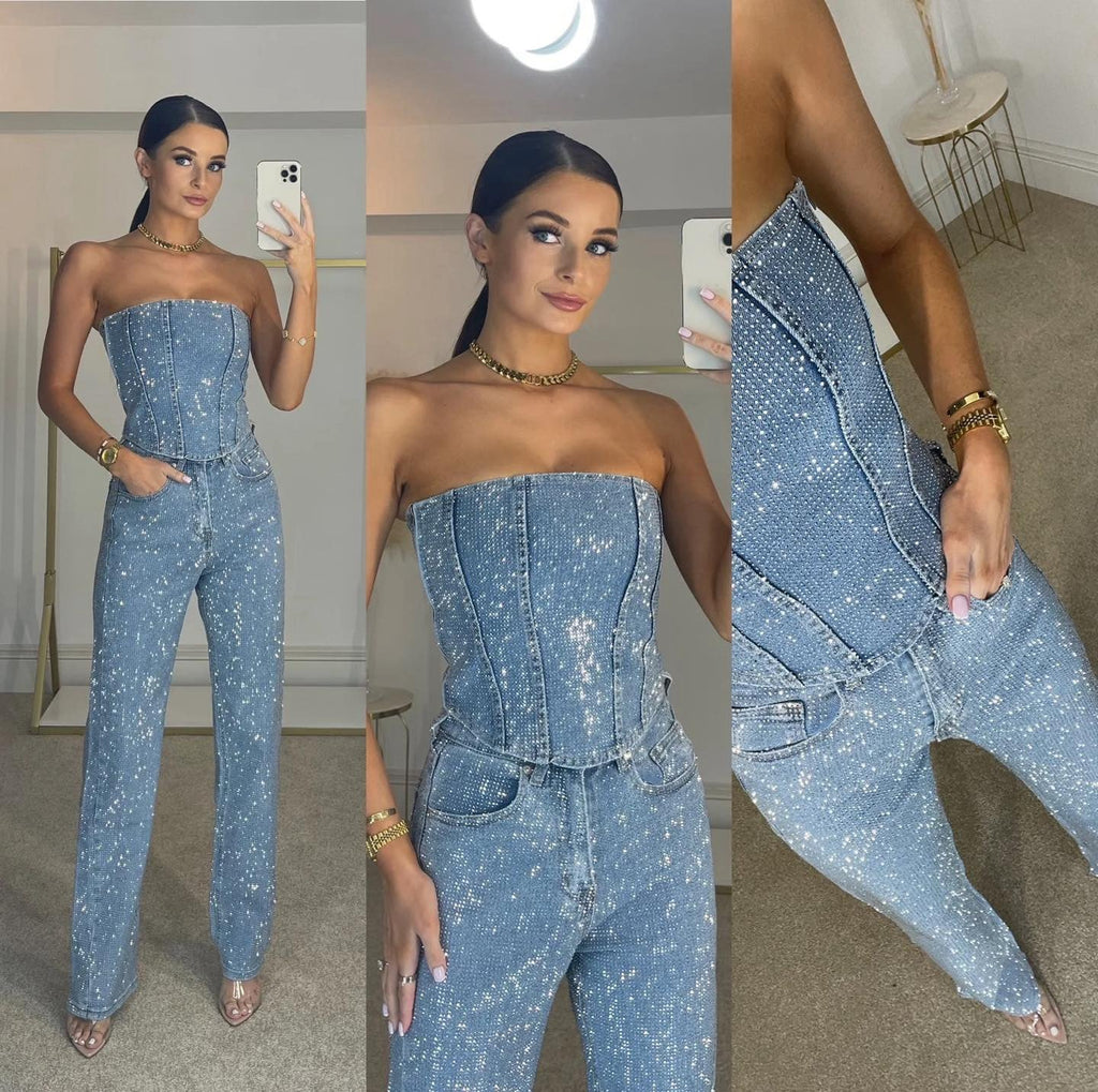 Pamelo | Glittering Women’s Trouser Set with High-Waist Jeans