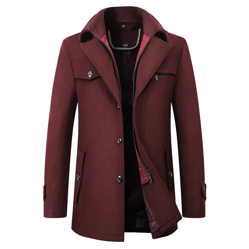 Mane | Men's Winter Jacket | Button Front Mid-Length Dark Red