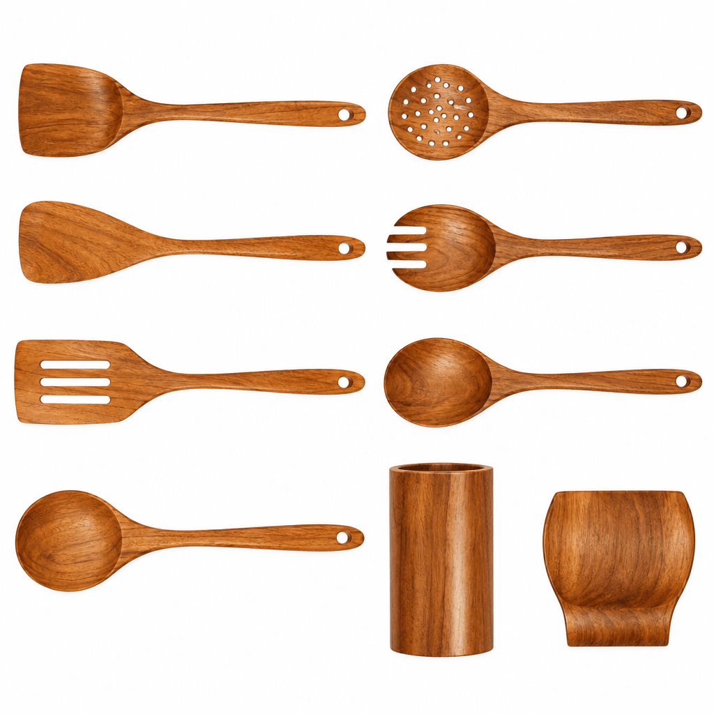 Traditional Japanese Wooden Kitchen Utensils (7-Piece) – Natural Unfinished Wooden Spoons & Spatulas for Cooking