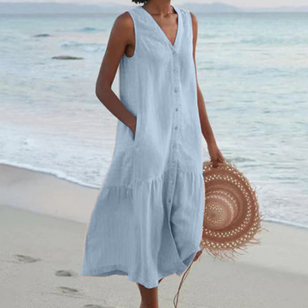 Chāme | Women’s Linen Sleeveless Midi Shirt Dress