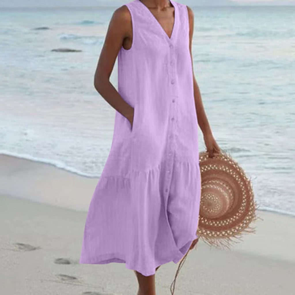 Chāme | Women’s Linen Sleeveless Midi Shirt Dress