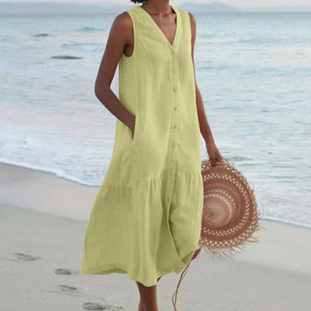 Chāme | Women’s Linen Sleeveless Midi Shirt Dress