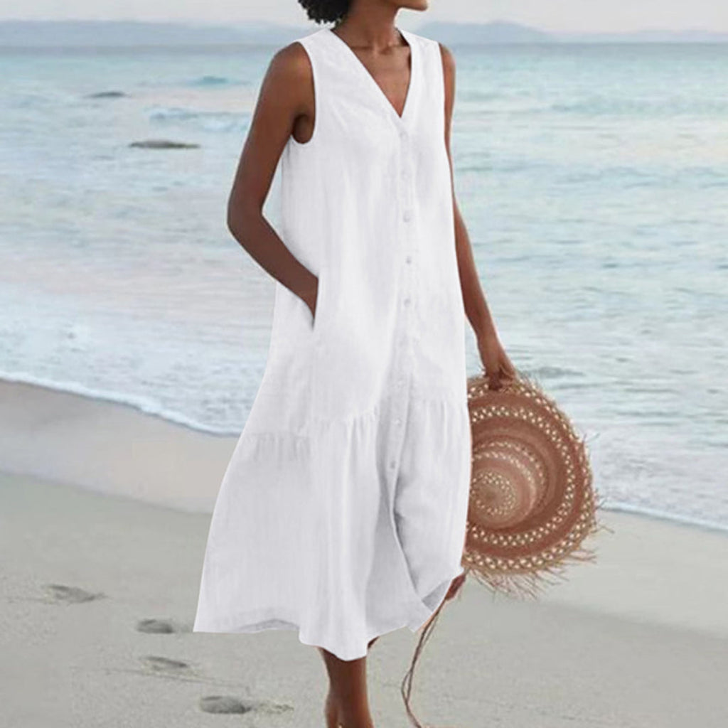 Chāme | Women’s Linen Sleeveless Midi Shirt Dress