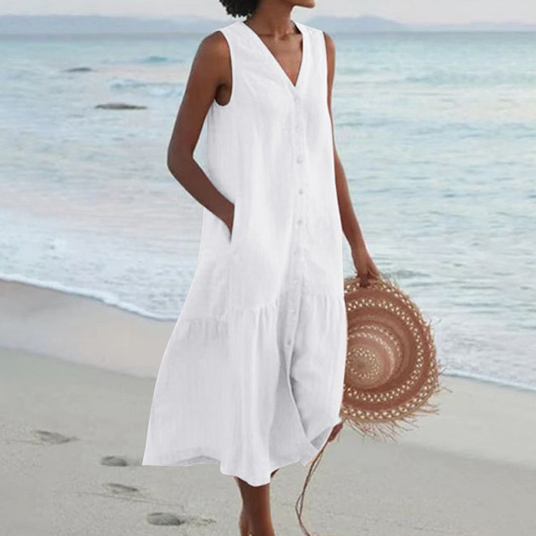 Chāme | Women’s Linen Sleeveless Midi Shirt Dress