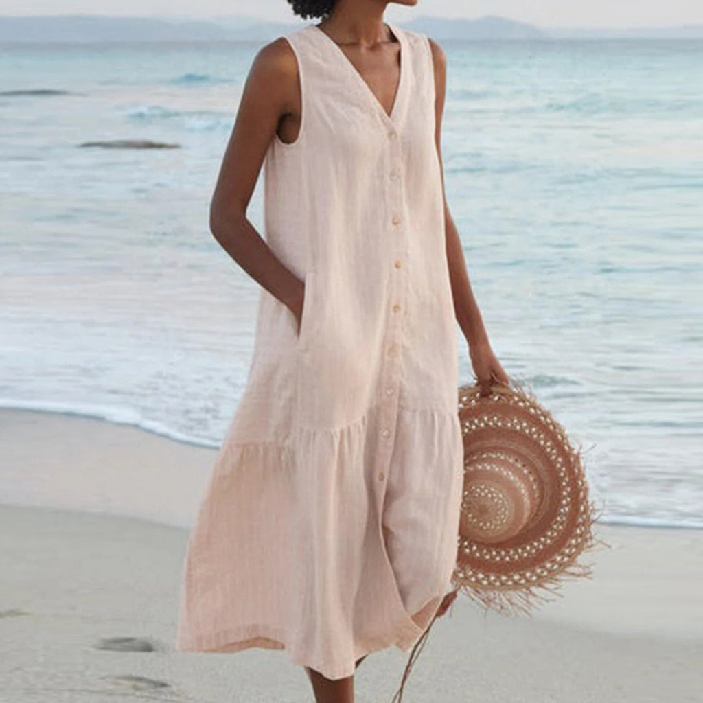 Chāme | Women’s Linen Sleeveless Midi Shirt Dress