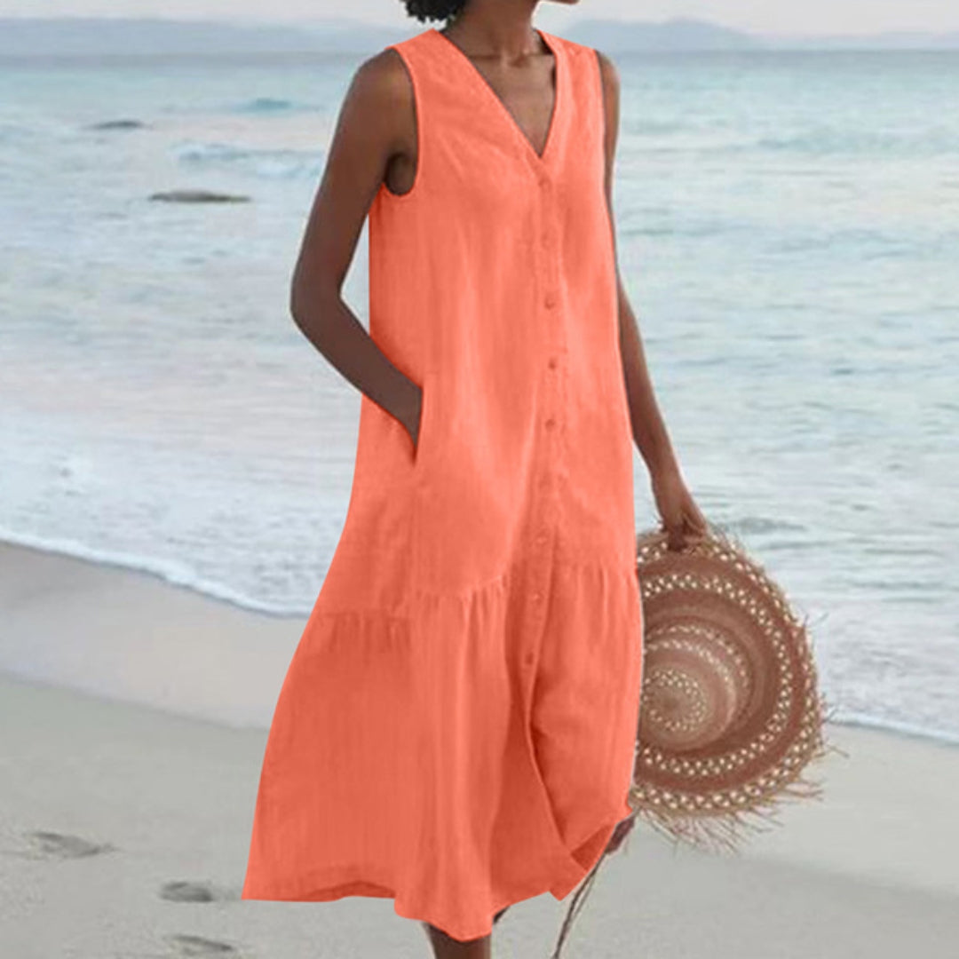 Chāme | Women’s Linen Sleeveless Midi Shirt Dress