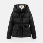 Chāme | Women’s Quilted Jacket with Belt and Hood Black