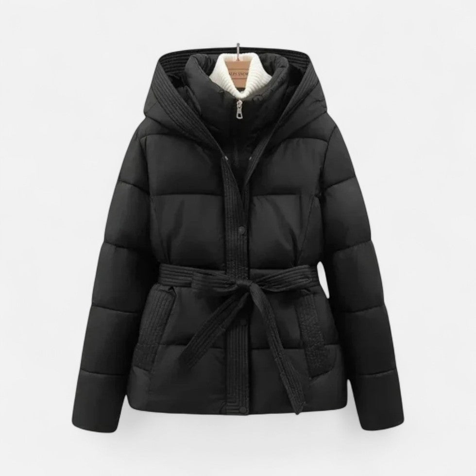 Chāme | Women’s Quilted Jacket with Belt and Hood Black