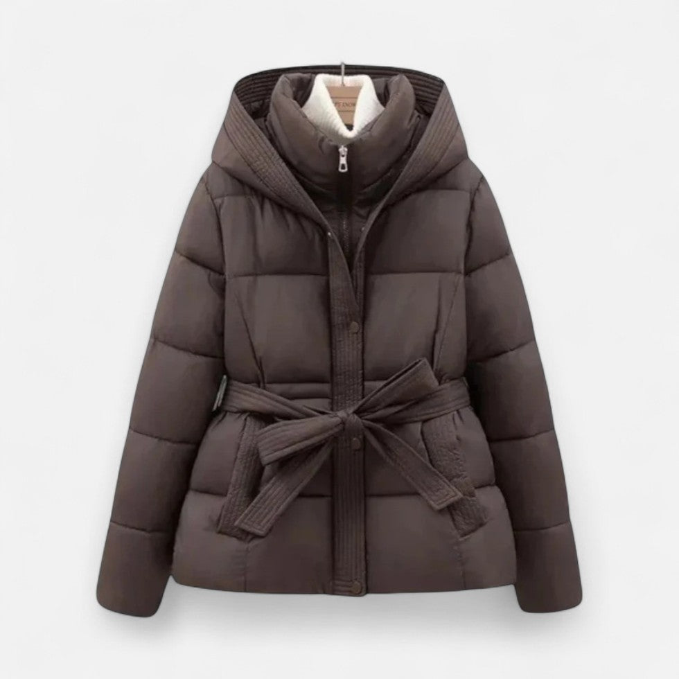 Chāme | Women’s Quilted Jacket with Belt and Hood Brown