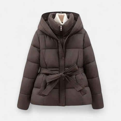 Chāme | Women’s Quilted Jacket with Belt and Hood Brown