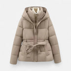 Chāme | Women’s Quilted Jacket with Belt and Hood Beige