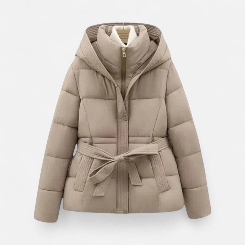 Chāme | Women’s Quilted Jacket with Belt and Hood Beige