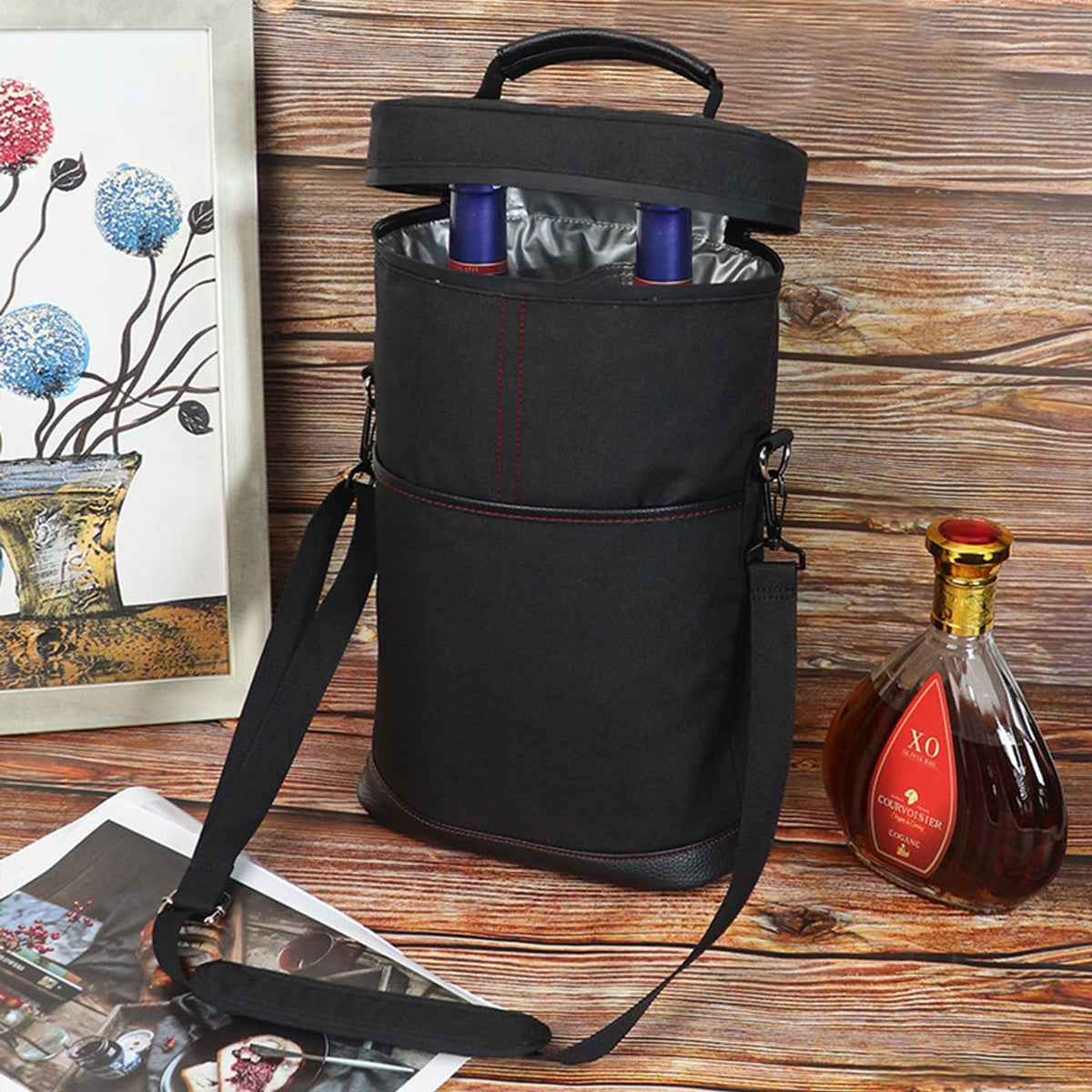 Insulated 2-Bottle Wine Cooler Tote Bag with Adjustable Strap