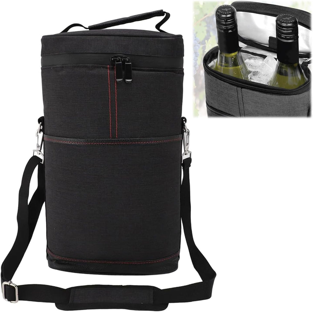 Insulated 2-Bottle Wine Cooler Tote Bag with Adjustable Strap Black