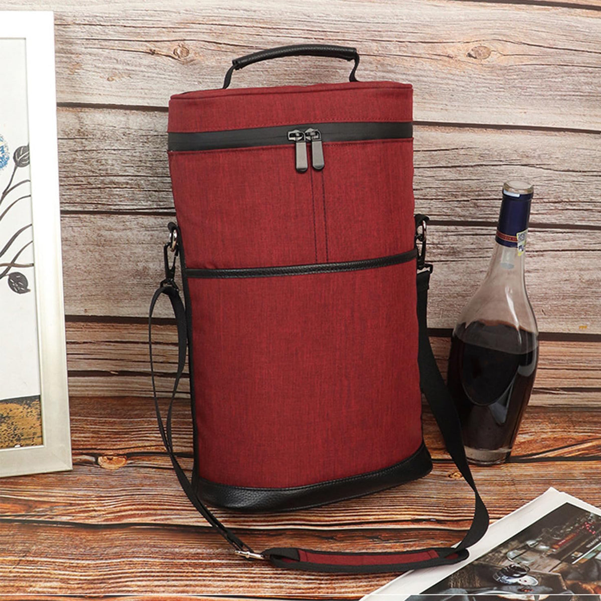 Insulated 2-Bottle Wine Cooler Tote Bag with Adjustable Strap