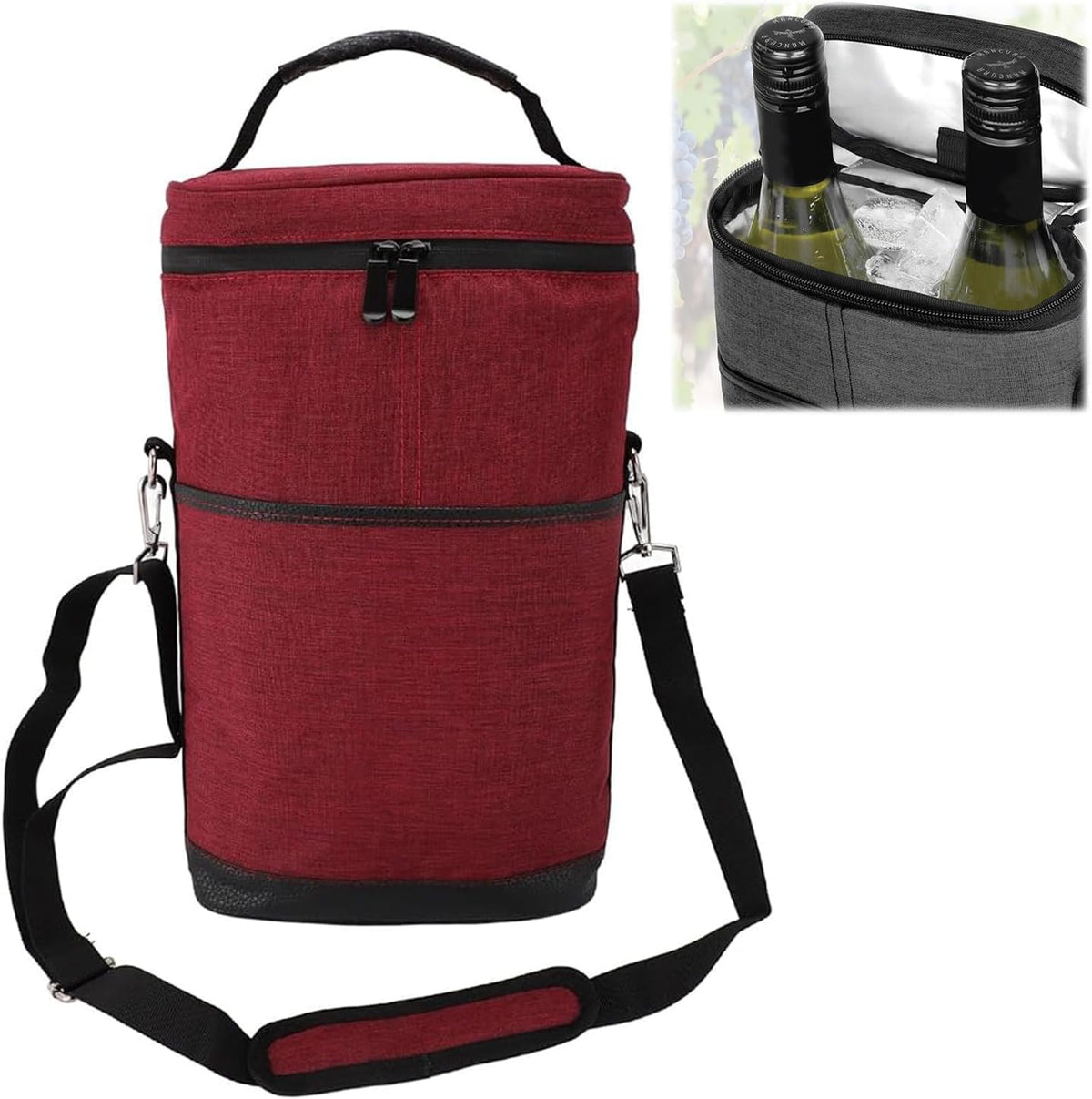 Insulated 2-Bottle Wine Cooler Tote Bag with Adjustable Strap Red
