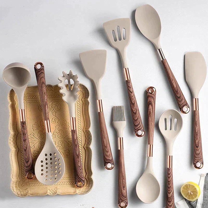 Food-Safe Silicone Kitchen Tools with Wooden Handle – 10-Piece Silicone Cooking Utensil Set – KitchenElegance