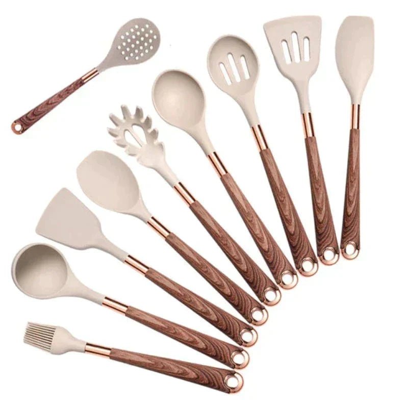 Food-Safe Silicone Kitchen Tools with Wooden Handle – 10-Piece Silicone Cooking Utensil Set – KitchenElegance